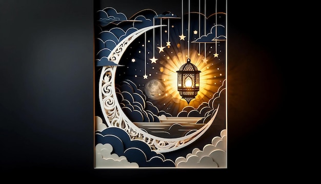 Crescent moon with lantern paper art