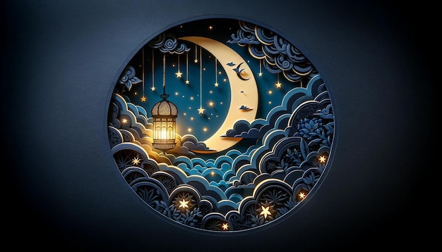 Crescent moon with lantern paper art