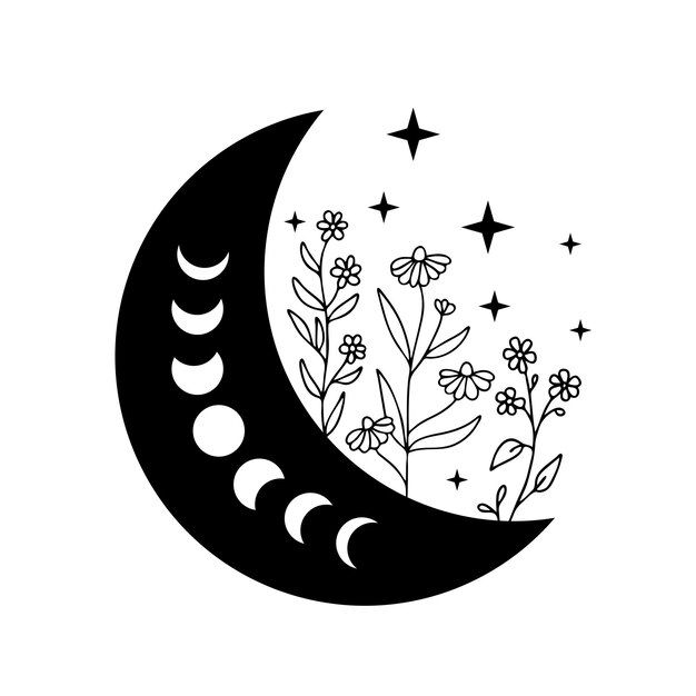 Vector crescent moon with moon phases and wild flowers and stars