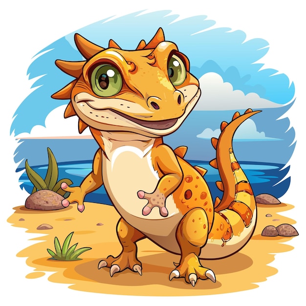 Crested Gecko cheerful stands beach vector