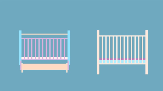 Crib for the newborn Vector flat illustration Child furniture Blue background