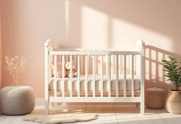 Vector a crib with a teddy bear on it and a stuffed animal on the bed