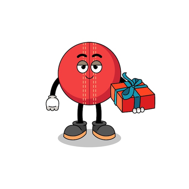 Cricket ball mascot illustration giving a gift character design