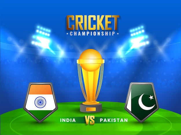 Cricket Championship Concept With 3D Golden Trophy Cup And Participating Team India VS Pakistan Flag Shield On Stadium Background.