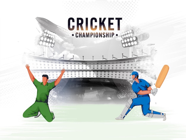 Cricket Championship Concept With Cartoon Batsman And Bowler Player On Gray Brush Effect Stadium Background.