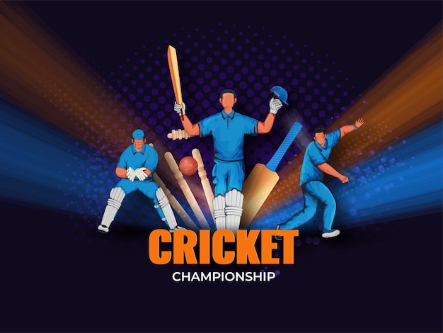 Cricket Championship Concept With Faceless Cricketer Players In Action Pose On Purple Halftone Background.