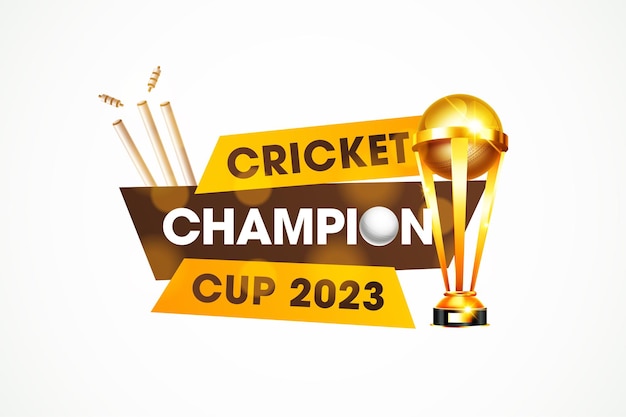 Cricket Championship Cup 2023 header or banner with winning trophy and stumps on white background