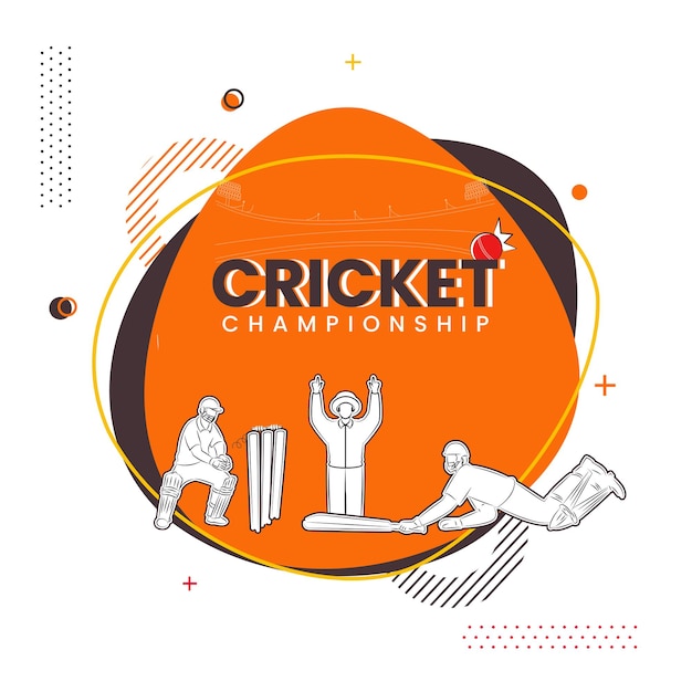 Cricket Championship Poster Design With Sticker Style Umpire Signaling Six Run, Batsman And Wicket Keeper Player On Abstract Background.