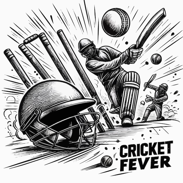 Vector cricket championship with ball wicket with helmet in cricket stadium freehand sketch graphic design