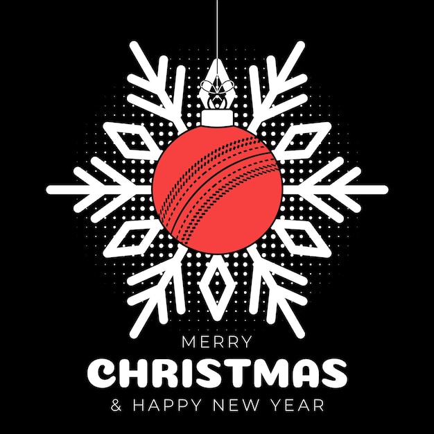 Cricket christmas greeting card Merry Christmas and Happy New Year outline style flat cartoon Sports banner cricket ball as a xmas ball on black background Vector illustration