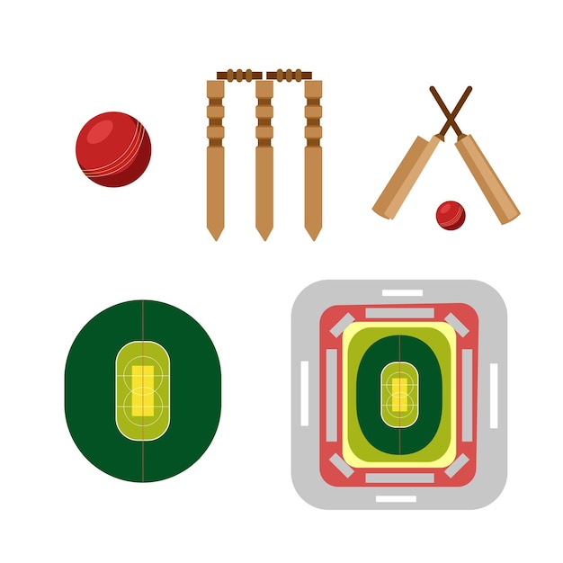 Cricket set field stadium bats stumps and ball Wooden cricket accessories Icon clipart for we