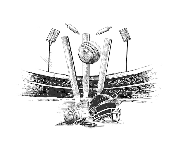 Cricket stadium with ball bell freehand sketch graphic design vector illustration