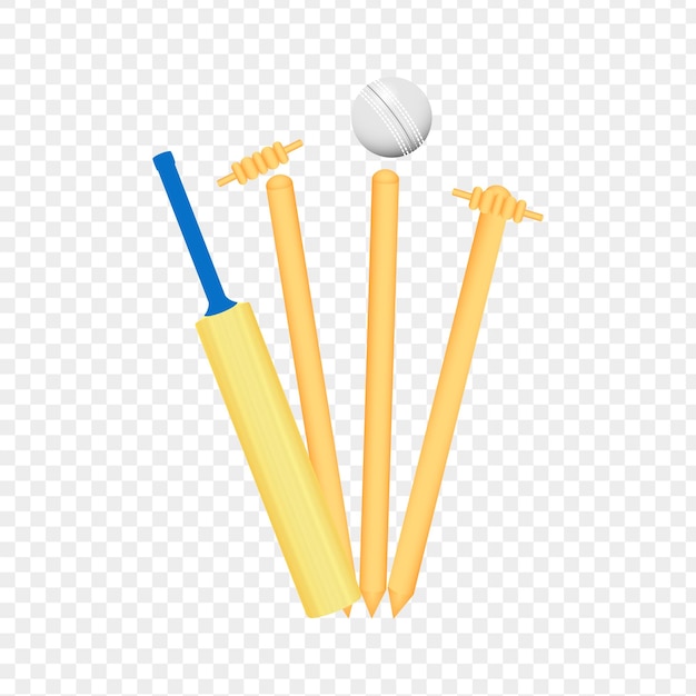 Cricket wicket stumps with flying ball and a bat on transparent background