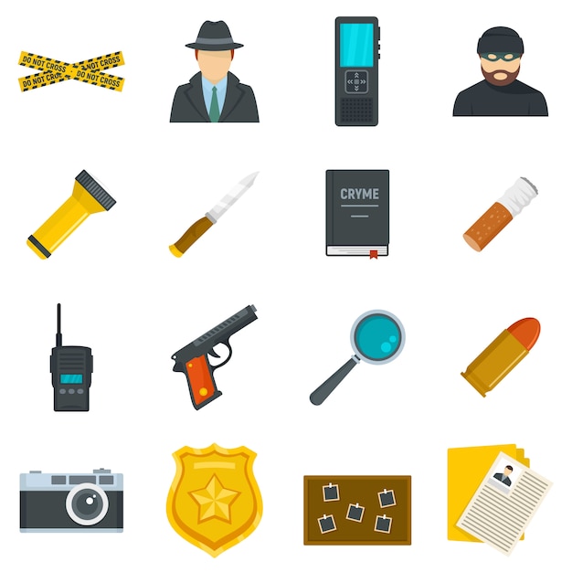 Crime investigation icons set