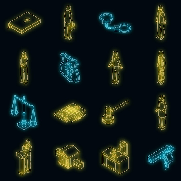 Criminal justice icons set vector neon