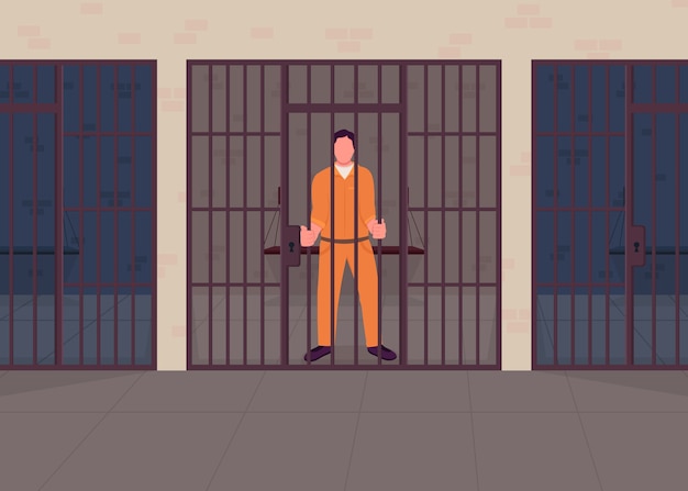 Criminal in prison flat color illustration. Arrested convict behind bars. Justice punishment for crime. Suspect detention. Guilty prisoner 2D cartoon character with jail cell on background