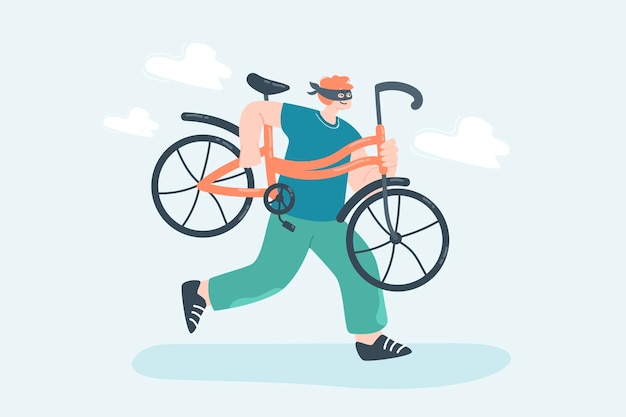 Criminal stealing bicycle flat vector illustration. 
Thief carrying bike, breaking law. Crime, administrative offence, law concept