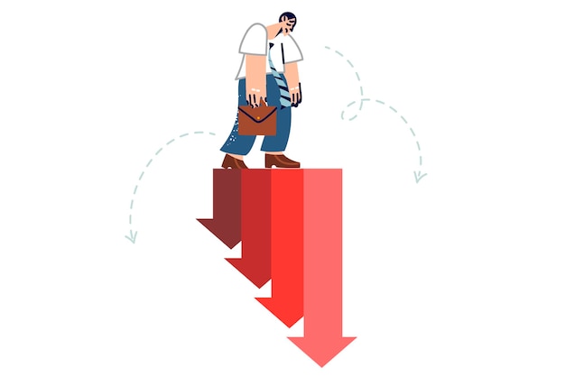 Crisis inflation causes increase in expenses for man walking along increasing negative schedule