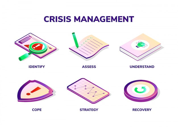 Crisis management. Isometric icons.