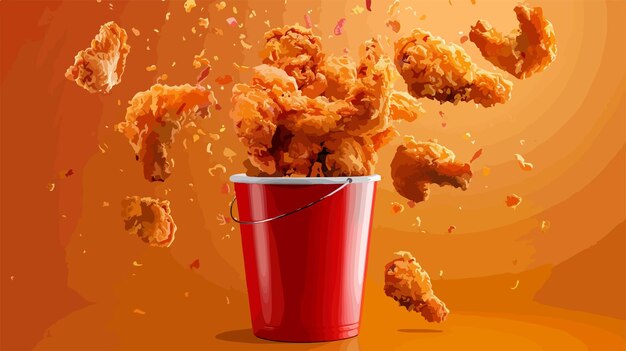 Vector crispy chicken fried flying with bucket vector illustration