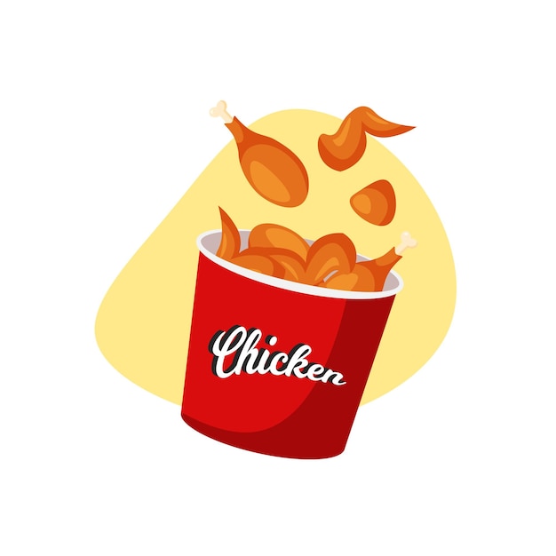 Crispy fried chicken pieces in a red bucket Cartoon chicken drumsticks and wings Design element