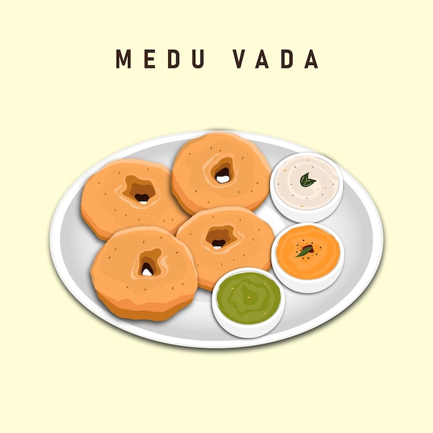 Vector crispy medu vada on plate with different chuneys