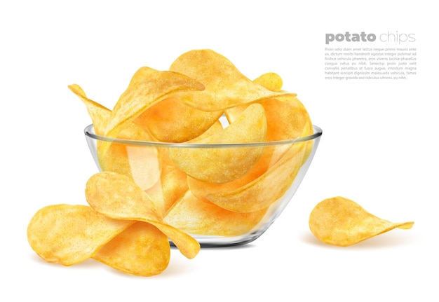 Crispy wavy potato chips in glass bowl background