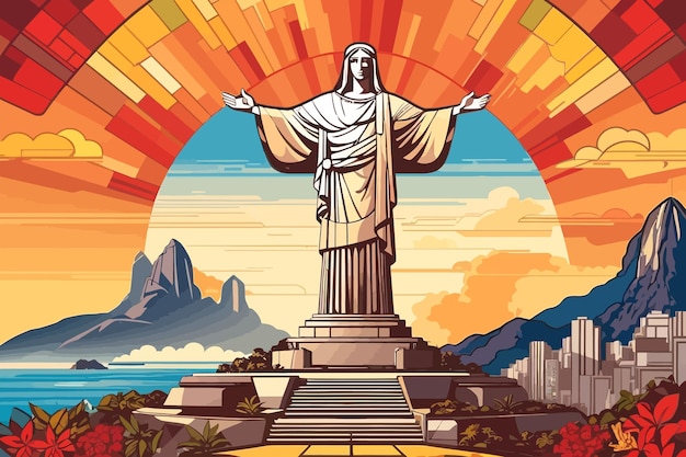 cristo redentor rio de janeiro brasil illustration retro stained glass