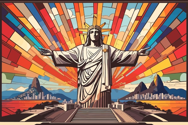 cristo redentor rio de janeiro brasil illustration retro stained glass