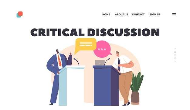 Critical Discussion Landing Page Template Political Debate With Candidates Behind Their Desks Fighting For Leadership