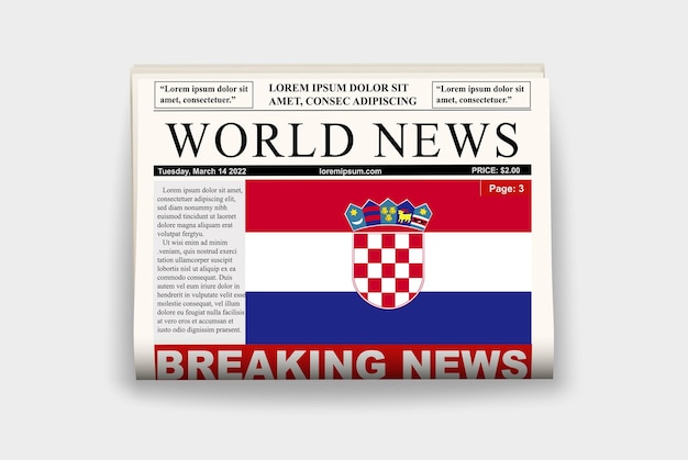 Croatia country newspaper flag breaking news on newsletter news concept gazette page headline