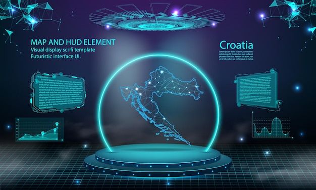 Croatia map light connecting effect background abstract digital technology UI GUI futuristic HUD Virtual Interface with croatia map Stage futuristic podium in fog