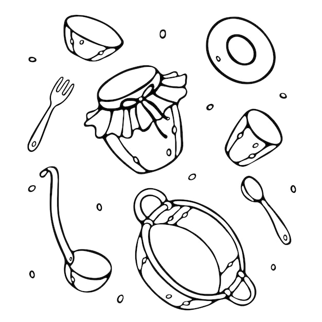 Crockery Kitchen Utensils Kitchen Tools Outline Doodle Ser for Coloring book Premium Vector