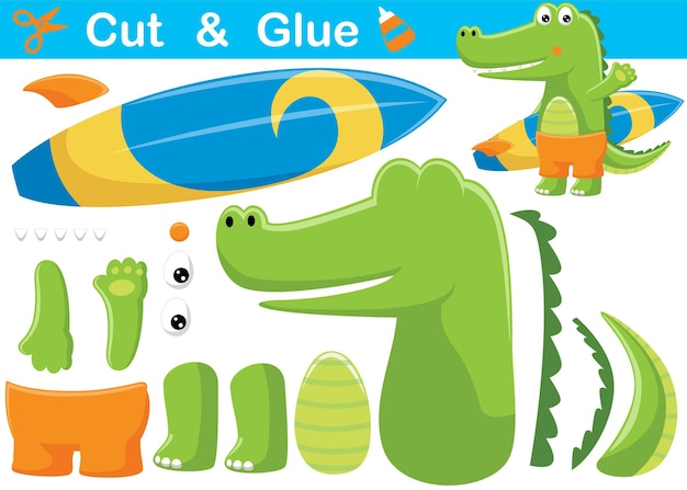 Crocodile holding surfboard. Education paper game for children. Cutout and gluing.   cartoon illustration