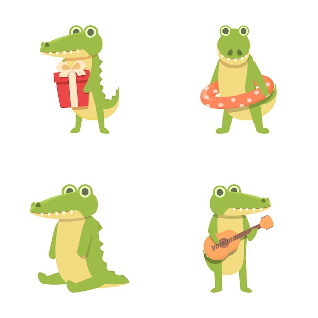 Vector crocodile icons set cartoon vector funny green crocodile animal