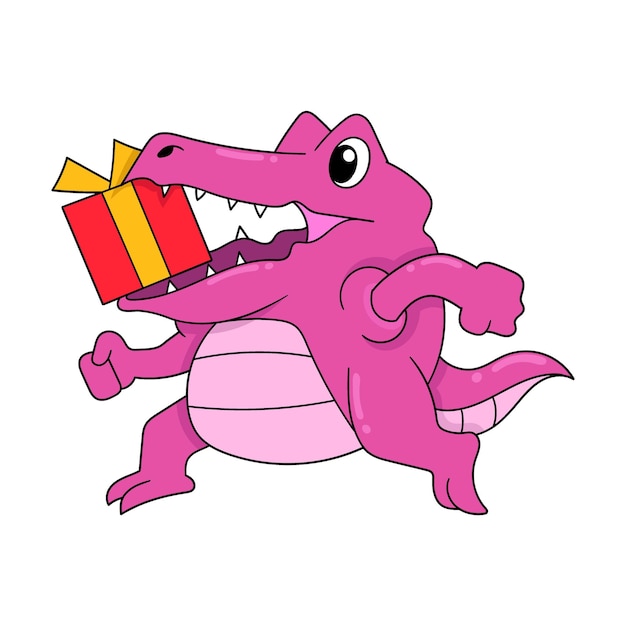 Crocodile is walking biting a gift doodle icon image kawaii