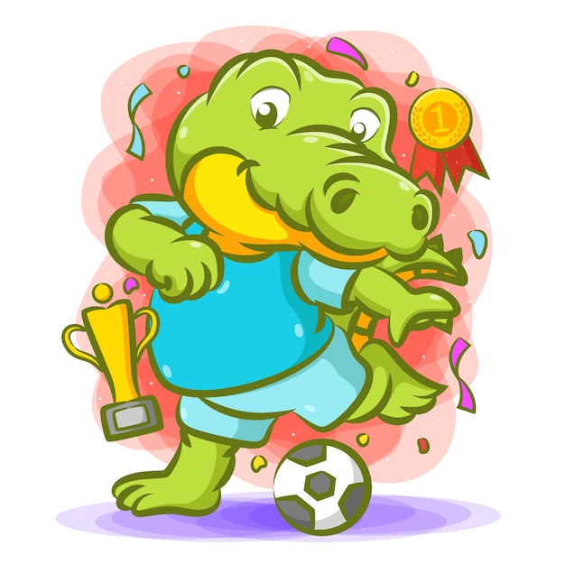 crocodile kick the ball for the champion with the trophy near him