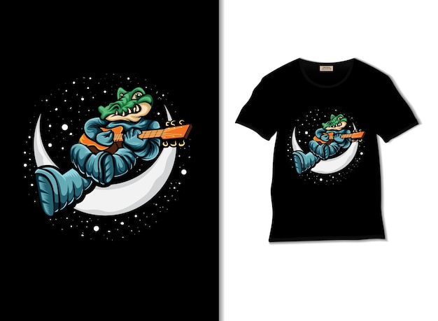 Crocodile playing ukulele on the moon illustration with t shirt design