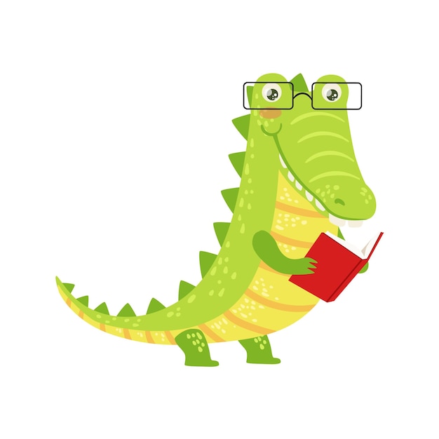 Crocodile Smiling Bookworm Zoo Character Wearing Glasses And Reading A Book Cartoon Illustration Part Of Animals In Library Collection