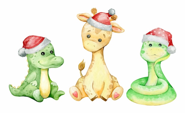 Crocodile snake giraffe in Christmas hats African animals in cartoon style