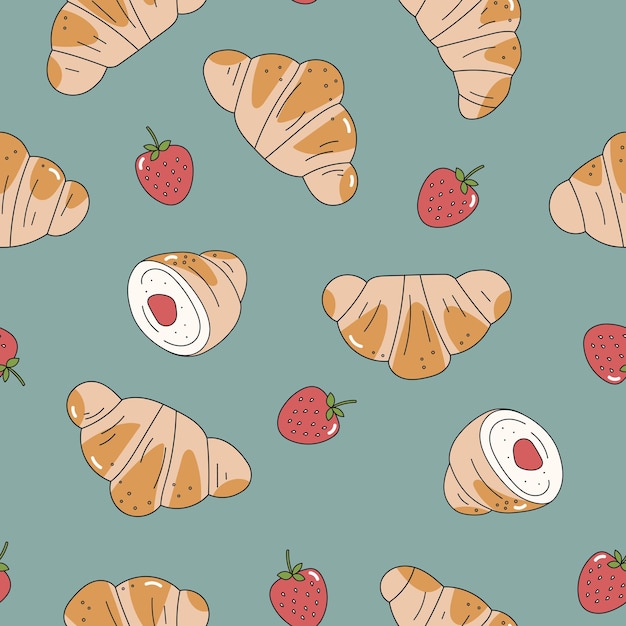 Croissant with strawberries, vector seamless pattern in retro style