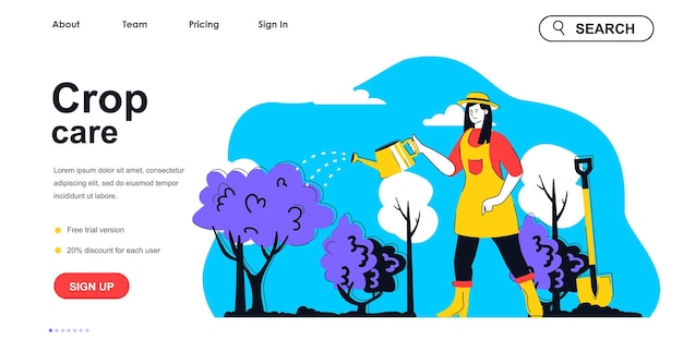 Crop care concept for landing page template Woman farmer watering plants and tree sprouts at garden Gardening and farming people scene Vector illustration with flat character design for web banner