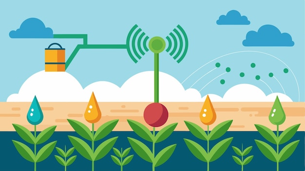 A crop field equipped with soil moisture sensors that are connected to an aipowered crop water usage