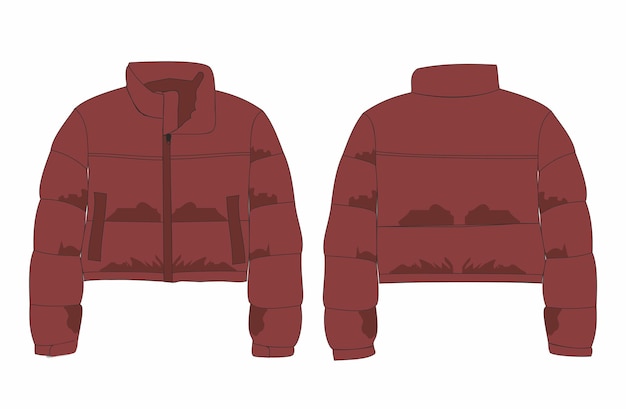 Vector crop puffer jacket front and back view vector