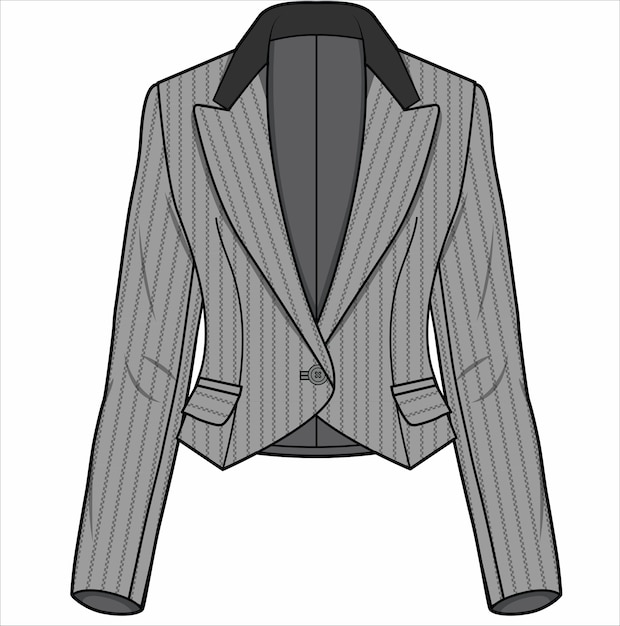 CROPPED TUXEDO WITH CONTRAST NOTCH COLLAR GRAY STRIPE BLAZER FOR WOMEN CORPORATE WEAR VECTOR