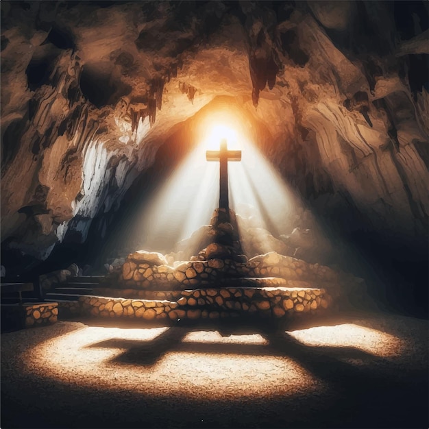 a cross in a cave with the light coming through the window