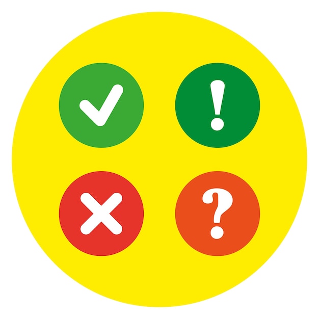 Cross checkmark. Exclamation question marks. Vector illustration.