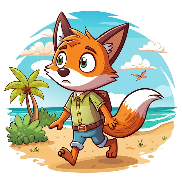 Vector cross fox shocked walks beach vector