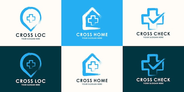 Cross medical house location combined brush stroke concept for health pharmacy inspiration logo