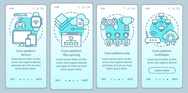 Cross platform devices onboarding mobile app page screen vector template. Online syncing technology. Walkthrough website steps with linear illustrations. UX, UI, GUI smartphone interface concept